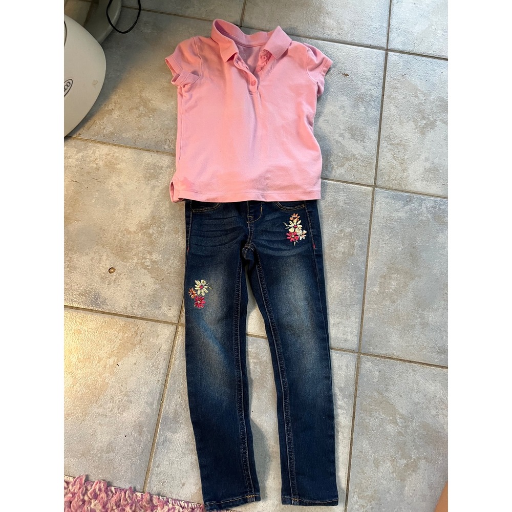 Wonder Nation Jeggings & Childrens Place Pink Polo Shirt Set Girls XS 4-5 Floral